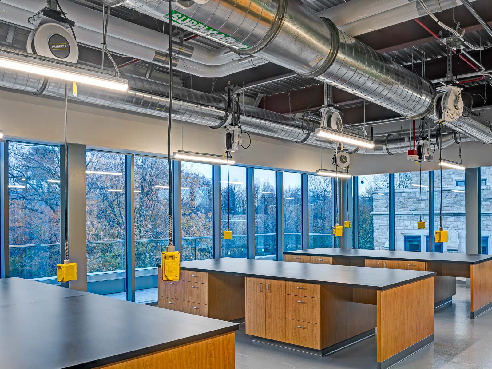 A new, state-of-the-art teaching lab for chemistry in located on the third floor of the newly opened Bloomfield Hall features retractable cord reels in the ceiling to maximize flexibility, and large windows for comfortable environment.