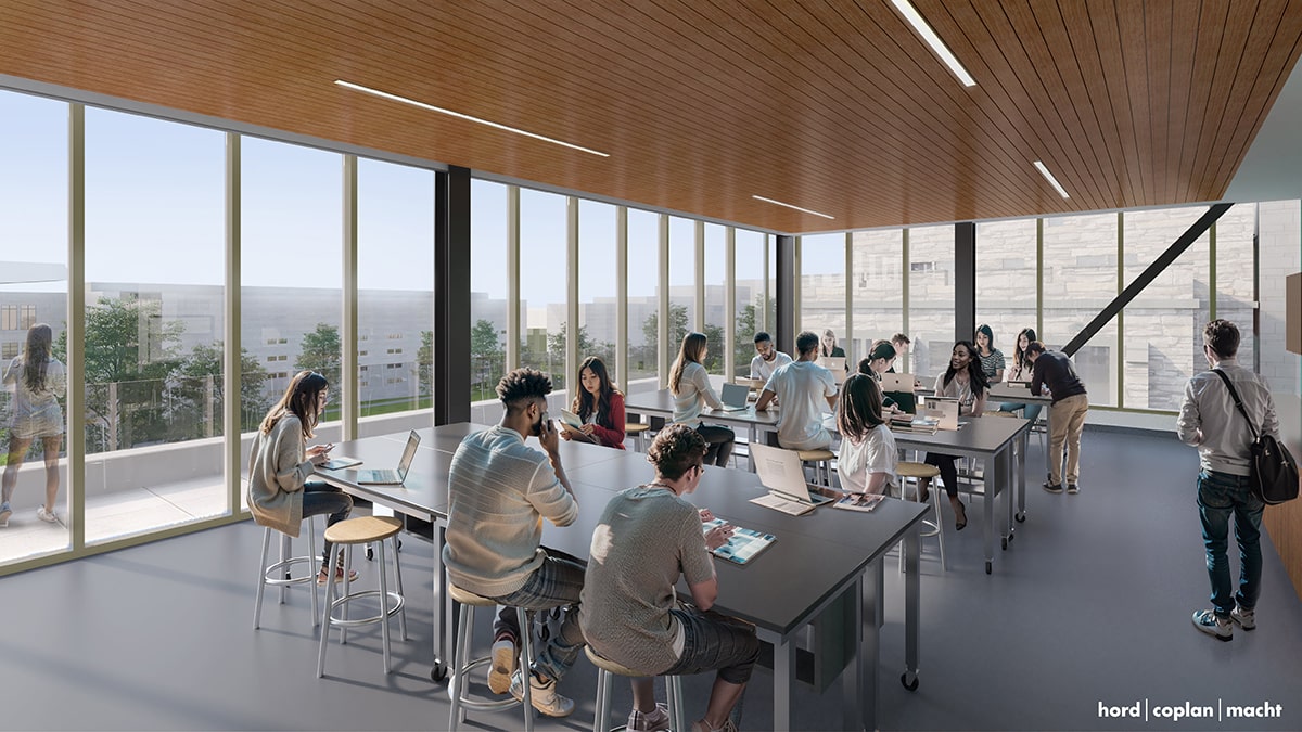 An architectural rendering shows a diverse group of students studying at three tables in a classroom with window walls on two sides, a large whiteboard at the front and beam ceiling.