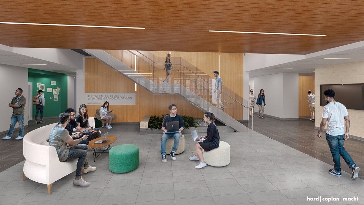 An architectural rendering shows students chatting in a the future Donnelly Science Center lobby with cantilever stairs in the background with a beam ceiling.