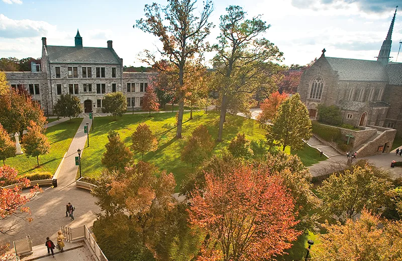 A wide shot of the quad, showing the quad in the fall with its surrounding buildings
