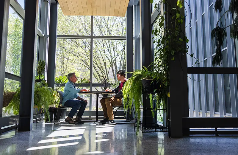 A student and professor chat in an alcove surrounded by plants