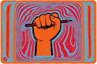 A colorful graphic of a fist holding a pencil