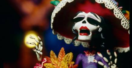 An animated skeleton singing