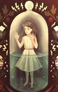 illustration of a girl wearing a dress inside a glass jar with water up to her waist