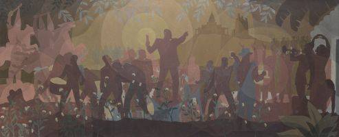 Aspects of Negro Life, an Aaron Douglas painting, depicts a crowd of silhouettes and plants in the foreground