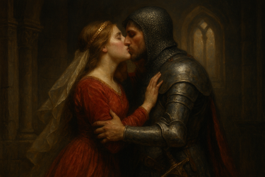 Two medieval people kissing