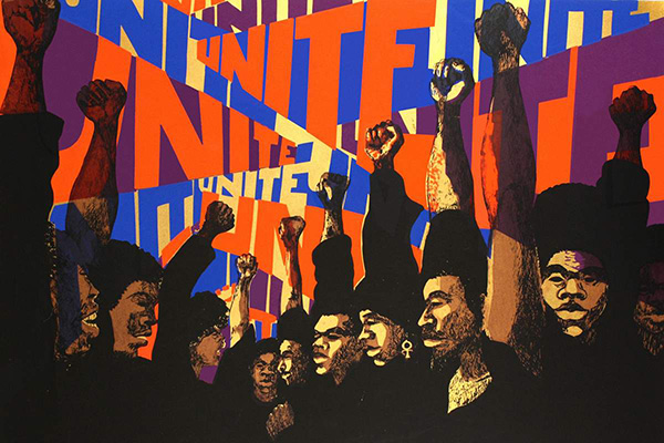 an illustration of the black arts movement showing black people with fists in the air and the word unite depicted graphically in the background