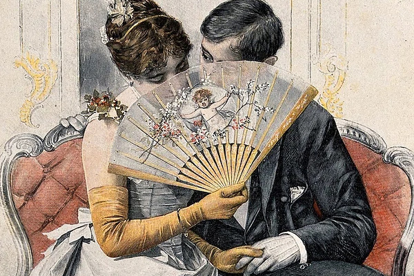an illustration from a victorian era crime novel depicting a man and woman who is covering their faces with a handheld fan