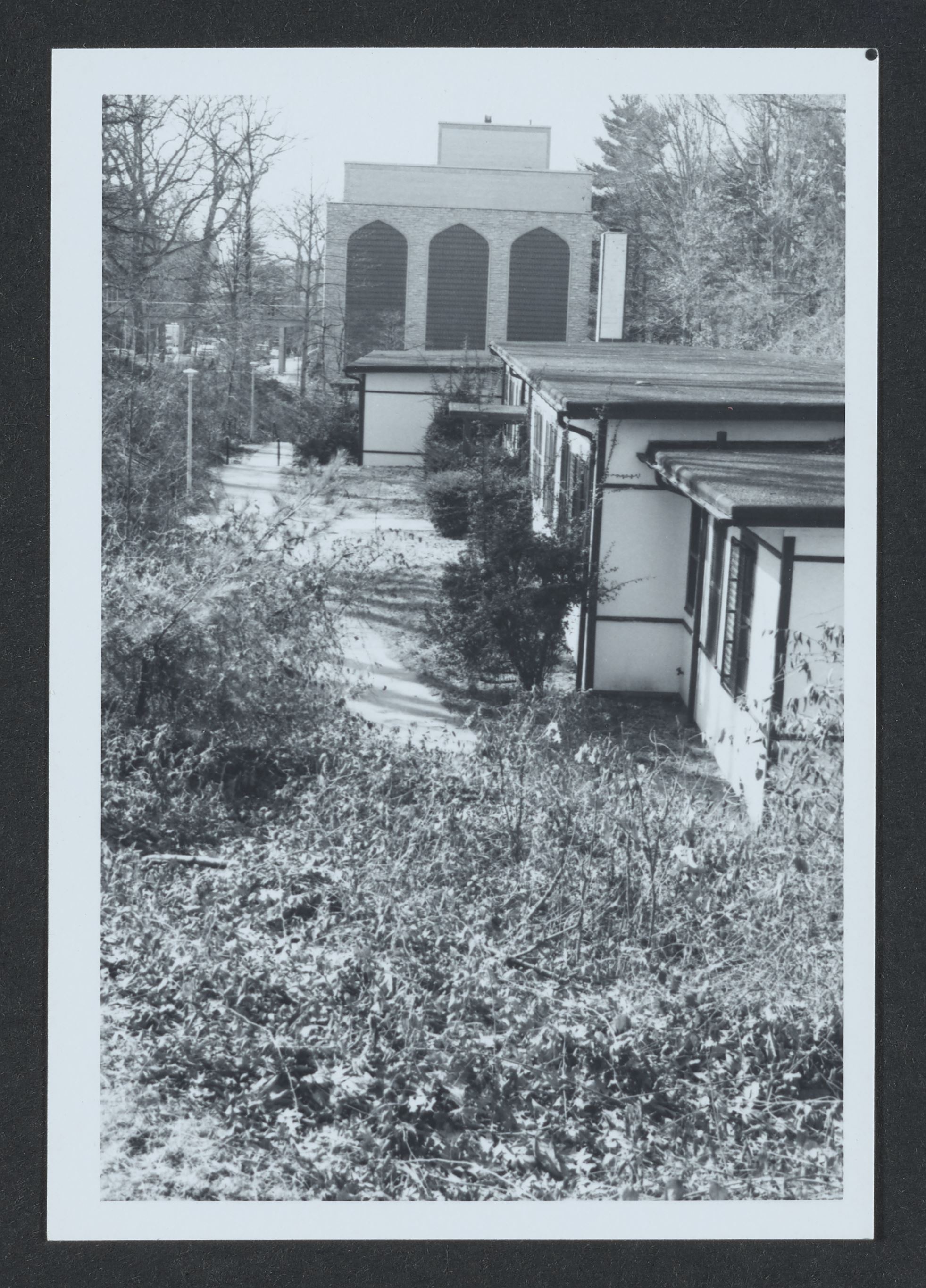 Photograph of the Dell Building and Maryland Hall, east campus view before 1982 demolition, ca. 1960–1982.