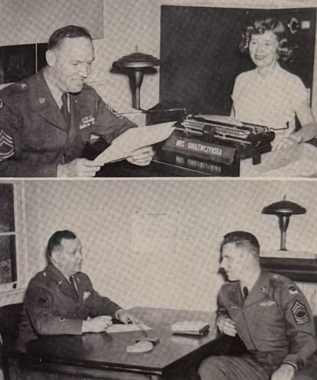 Master Sergeant Leo E. Kuneman with Stenographer Mary Ellen Cholewczynski (top); Master Sergeant William L. Adlon (bottom left) with Master Sergeant Albert A. Geckle (bottom right).