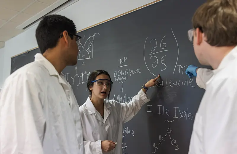 Students talking in front of a blackboard