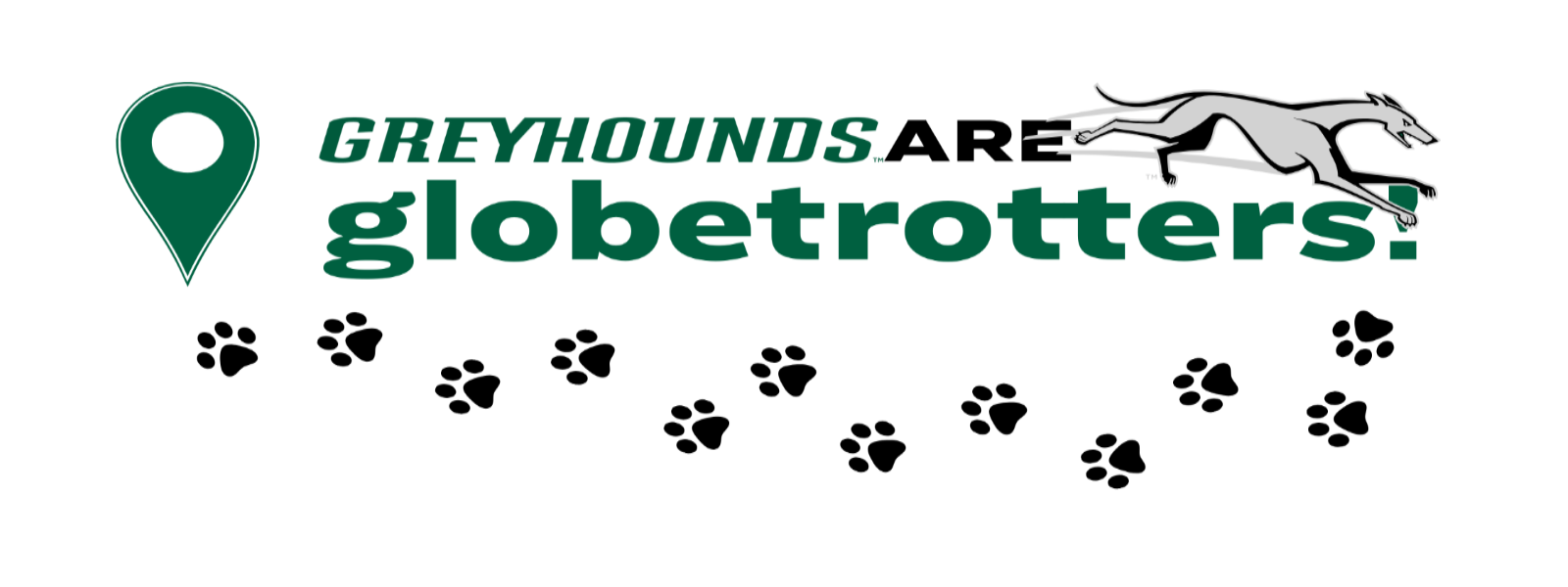 A graphic image featuring Loyola's leaping Greyhound mascot jumping over the words "Greyhounds are globetrotters" with green paw prints going toward a green destination pin point