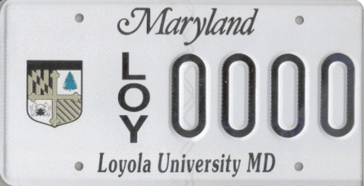 Loyola University Maryland state of Maryland license plate