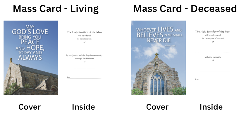 Mass Card cover and inside, with Living on the left and Deceased on the right