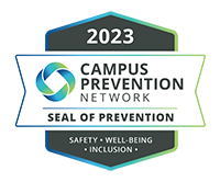 Seal showing "2023 Campus Prevention Network Seal of Prevention" with the words "safety, well-being, inclusion" on the bottom