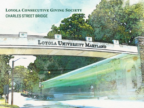 Loyola Consecutive Giving Society magnet from 2022 featuring the Charles Street Bridge