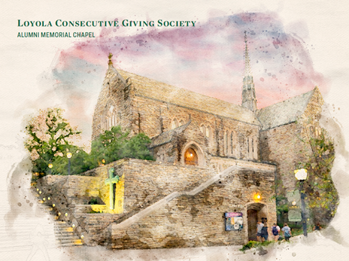 Loyola Consecutive Giving Society magnet from 2020 featuring Alumni Memorial Chapel