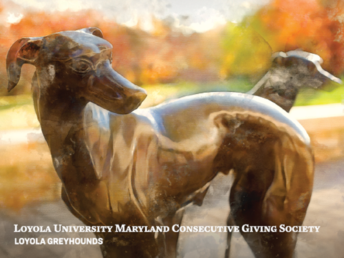Loyola Consecutive Giving Society magnet from 2023 featuring the Greyhounds statue at the FAC