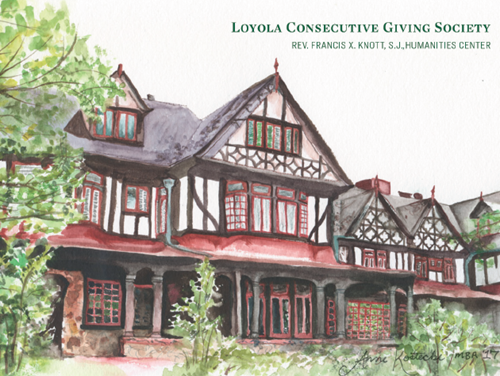 Loyola Consecutive Giving Society magnet from 2019 featuring the Humanities building