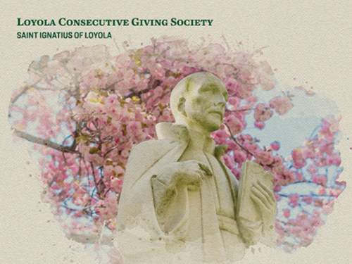 Loyola Consecutive Giving Society magnet from 2026 featuring the statue of St. Ignatius