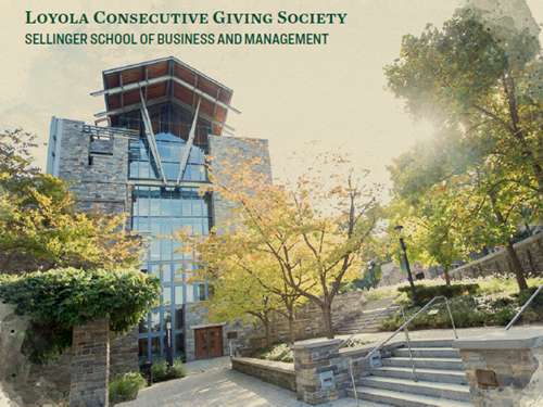 Loyola Consecutive Giving Society magnet from 2025 featuring the Sellinger School of Business building
