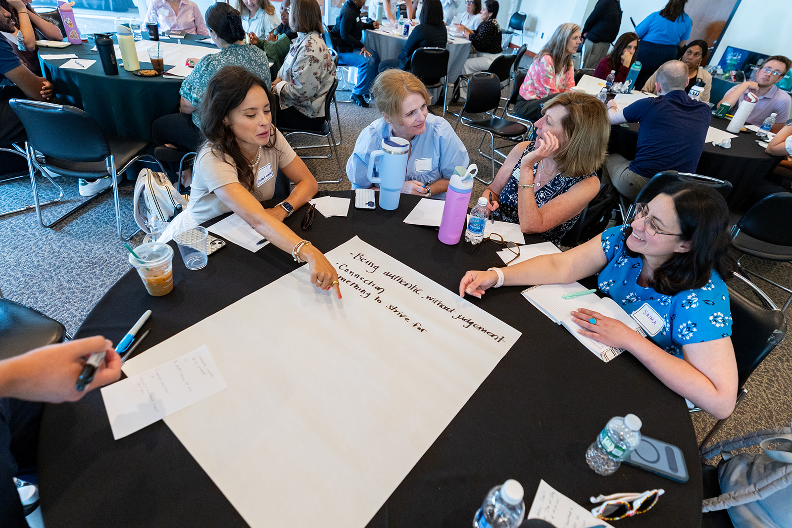 a group of professional women work at a flipchart