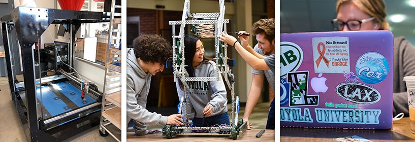 3D printer, robotics club, and student working on laptop