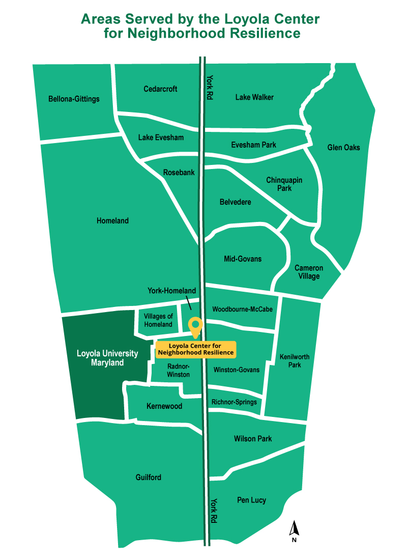 Map of Neighborhood on either side of York Rd. served by the Center for Neighborhood Resilience, which is located east of Loyola University Maryland in the north-eastern corner of the Radnor-Winston neighborhood. The next paragraph includes a list of all neighborhoods served.