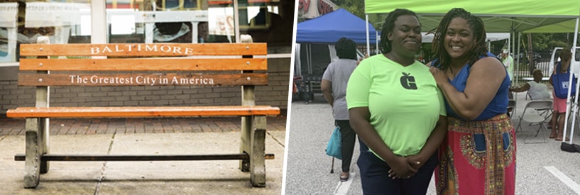 Bench in Baltimore reading "The Greatest City in America"; two women pose for a photo at the Govans Farmers' Market