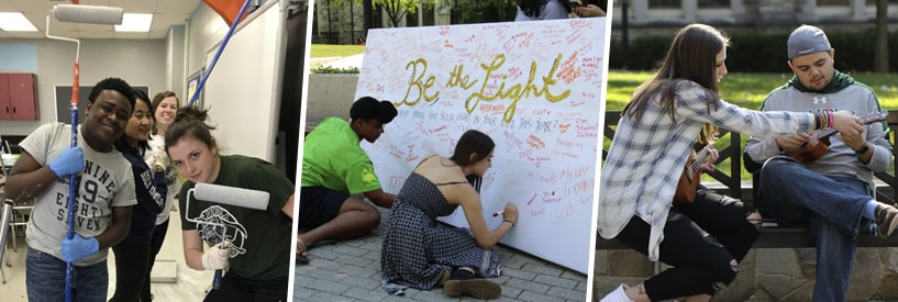 Students with paintbrushes, students writing on banner, students playing ukulele