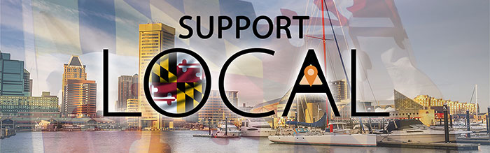 Baltimore harbor with text: 'Support Local'