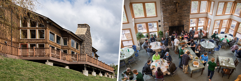 Facade of Loyola's retreat center, overlooking the mountains, and an interior aerial shot of attendees enjoying a meal