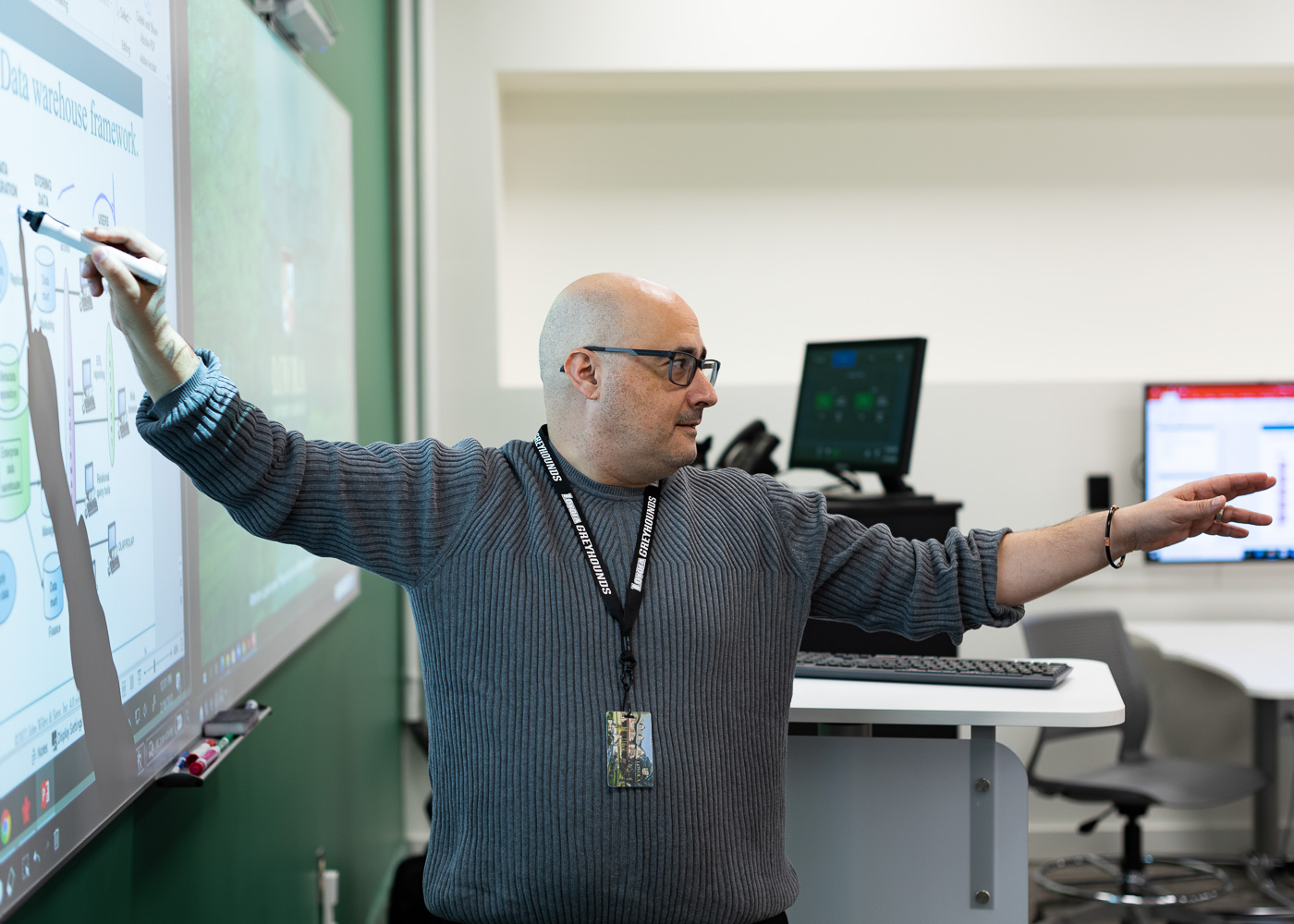 Professor instructing students using a projector