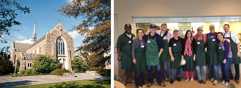 Collage of dining staff and Alumni Chapel