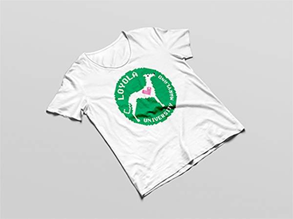 NSSE 2024 t-shirt mock-up with green circle in front middle, which includes pixelated white greyhound with pink heart on its chest and the white text Loyola University Maryland  around the inside rim