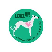 Green circle with greyhound with heart over chest and and Level Up! and Loyola Maryland University text inside rim
