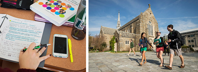 Collage of student working in a binder and students walking in front of the Alumni Chapel