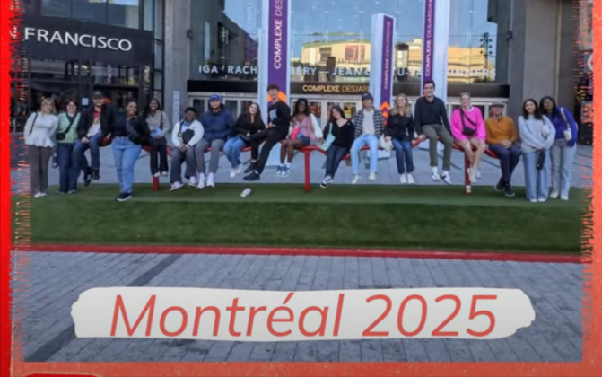 Students sit together on a long bench. Text reads Montreal 2025 - Press enter to play