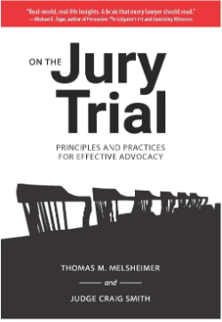 Cover of On the Jury Trial, a silhouette of jury chairs at a bench on a white background with red lettering