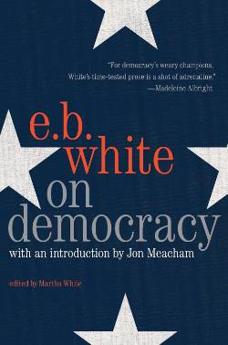 Cover of On Democracy, large white stars and the book's title on a solid navy blue background