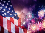 American flag with colorful fireworks in the night sky, symbolizing a patriotic celebration.