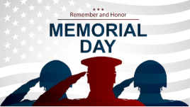Memorial Day graphic with silhouettes of saluting service members in front of an American flag and the text “Remember and Honor Memorial Day.”