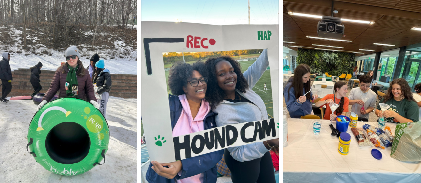 Three photos of students smiling at a tubing, athletic, and art event