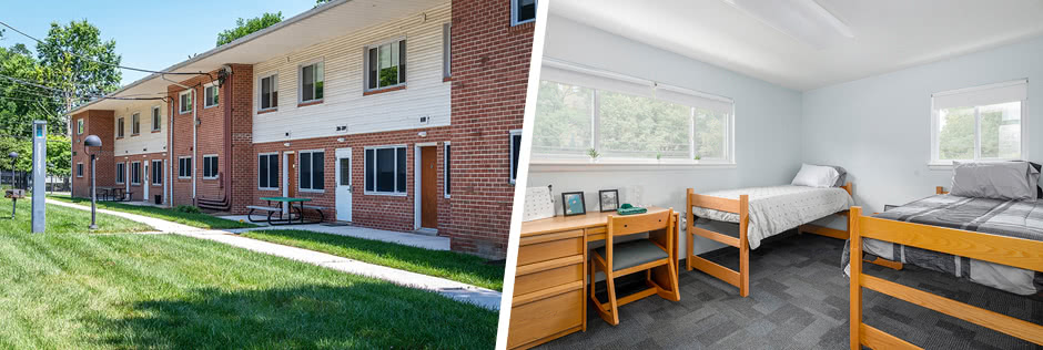Photo of the Aquinas residence hall and photo of the interior of a dorm room
