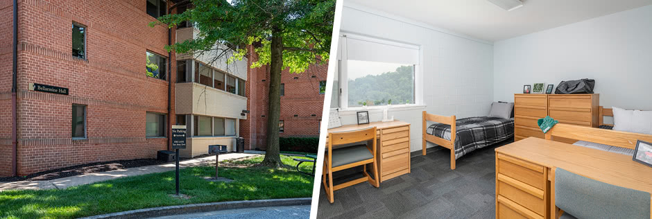 Photo of the Bellarmine residence hall and photo of the interior of a dorm room
