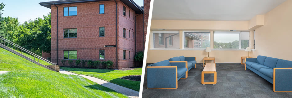 Photo of the Claver residence hall and photo of the interior of a dorm room