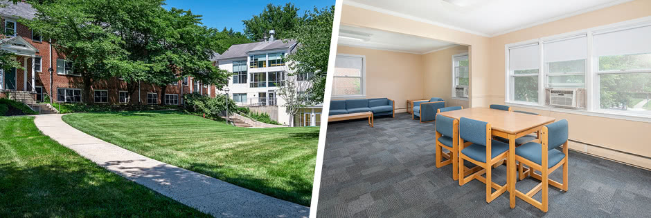Photo of the Lange Court residence hall and photo of the interior of a dorm room