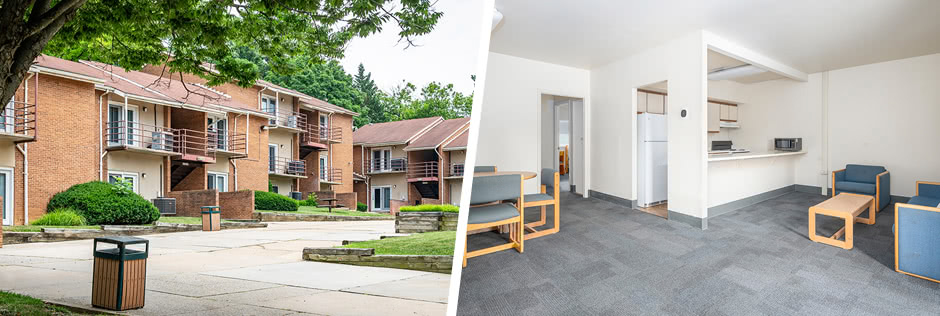 Photo of the McAuley residence hall and photo of a dorm room
