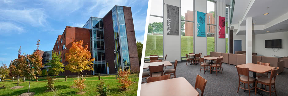 Photo of the Thea Bowman residence halls and photo of the interior of a common area