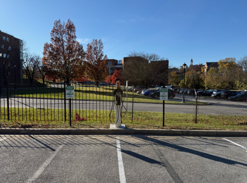 Electric Vehicle charging station outside of Ahern residence hall